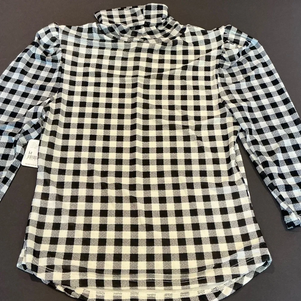 Free People Gather Turtleneck Top Black Combo Gingham Mesh Puff Sleeve M NWT - Picture 5 of 14